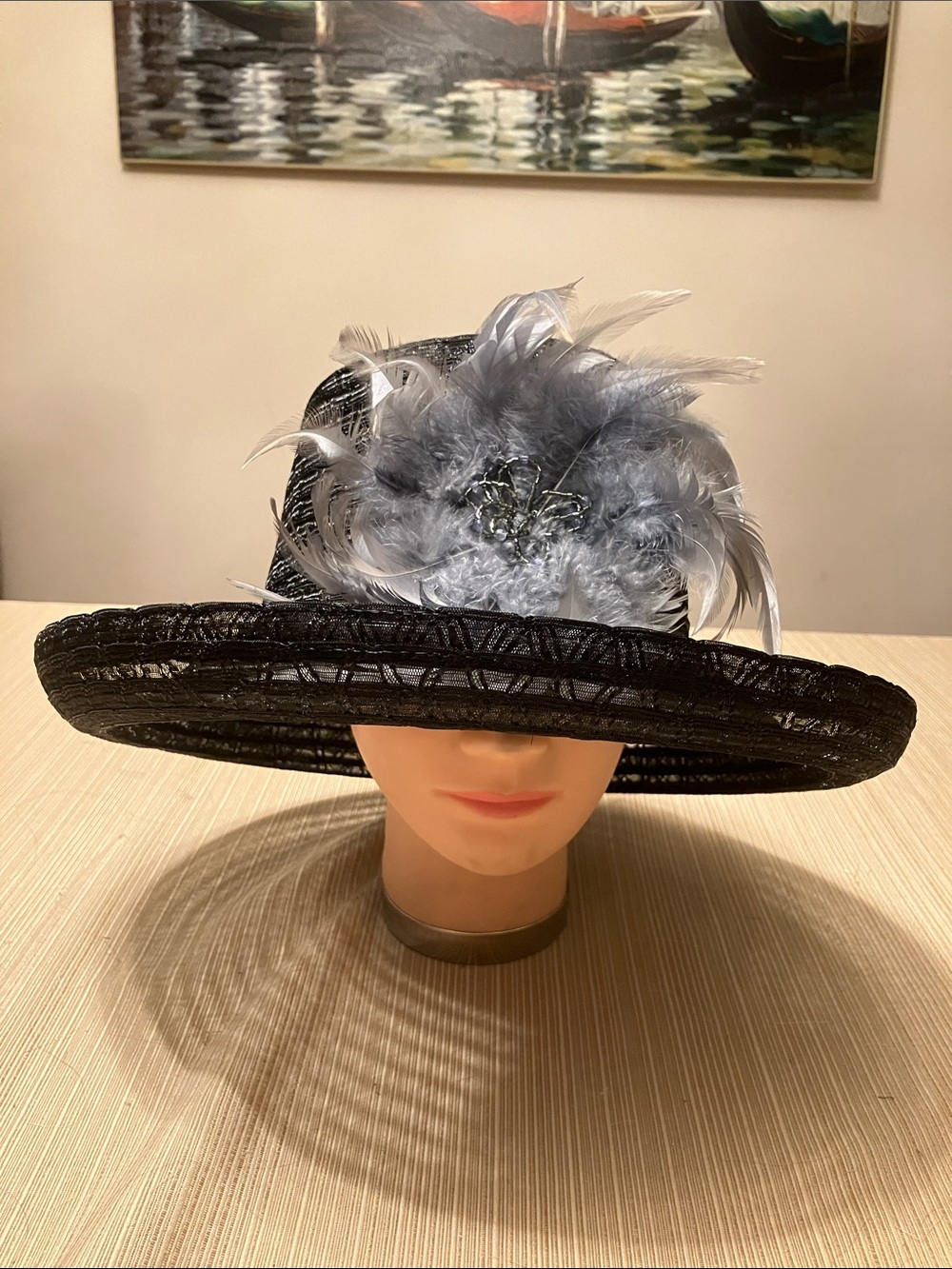 Black Wide-Brim Hat with Gray Feather Beaded Floral Accent